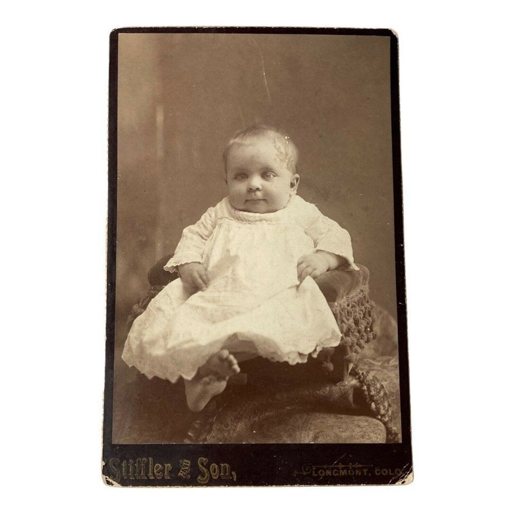 Antique Cabinet Card Baby Girl Alice St. Clair in Dress Portrait Longmont, CO